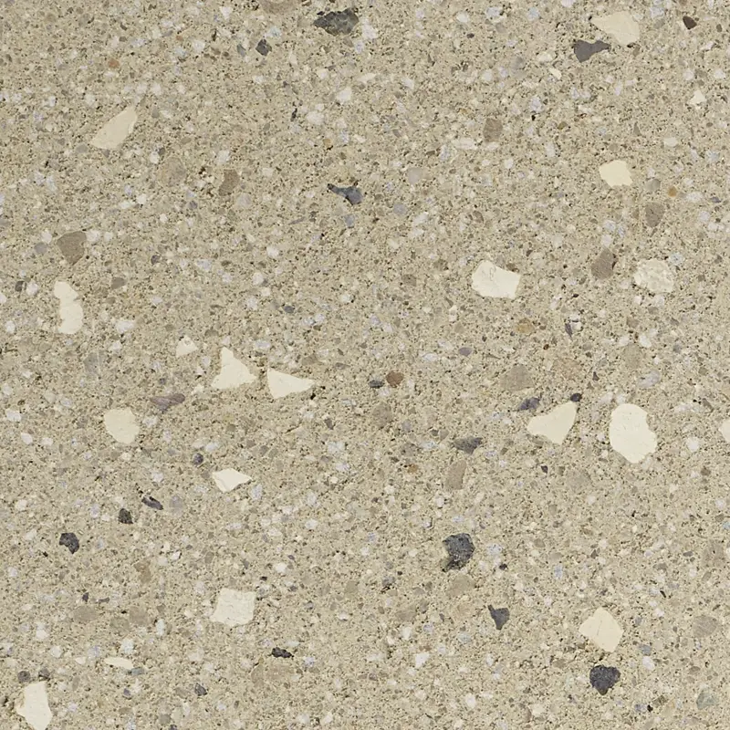 Creazzo Oberfläche in beiger Nuance mit grober heller Körnung in Terrazzo-Optik, Friedl Steinwerke.