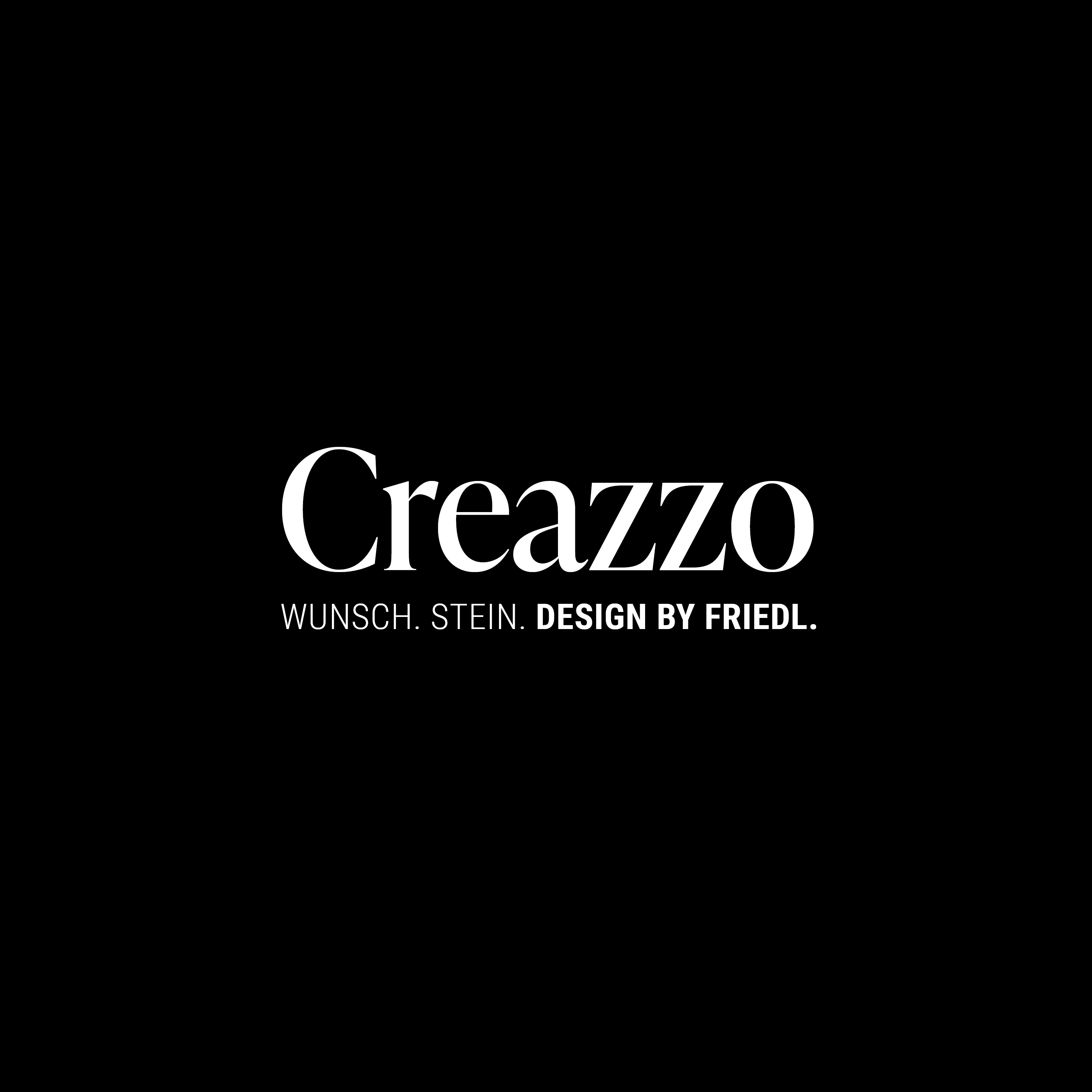 Creazzo Logo auf schwarzem Hintergrund mit dem Schriftzug „Wunsch. Stein. Design by Friedl“, Friedl Steinwerke.