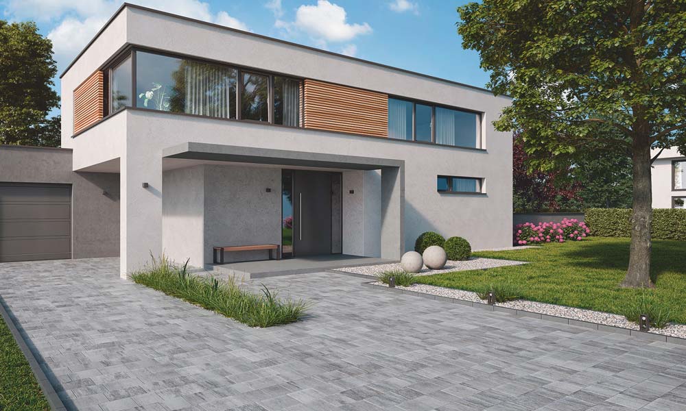 Arret B25 VG4 Kombipflaster platin-schattiert kombiniert mit Universal-Abschlussstein anthrazit Arret B25 VG4 Kombipflaster platin-schattiert kombiniert mit Universal-Abschlussstein anthrazit