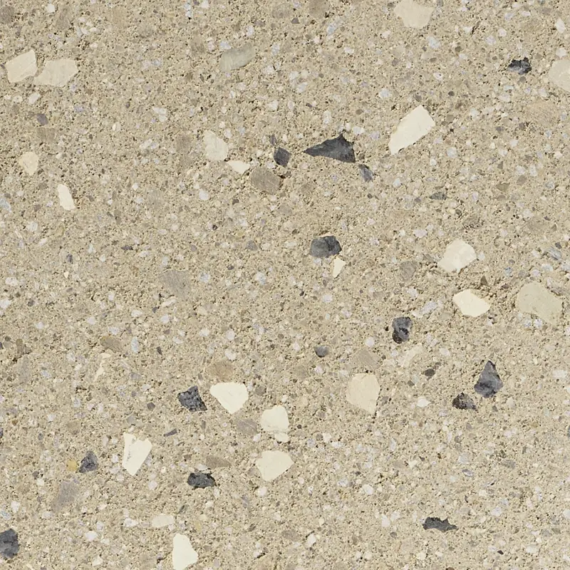 Creazzo Oberfläche in beiger Nuance mit heller und dunkler grober Körnung in Terrazzo-Optik, Friedl Steinwerke.