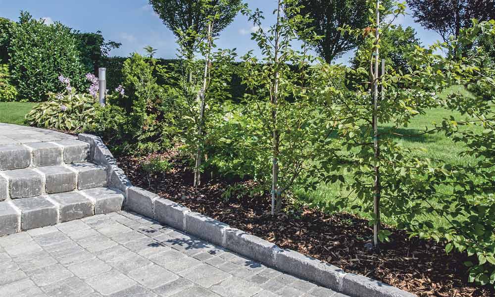 Universalsteinplatte Grado anthrazit als Randeinfassung kombiniert mit Grado Würfel anthrazit, Blockstein Grado anthrazit und Piazza Grado schiefer-schattiert Universalsteinplatte Grado anthrazit als Randeinfassung kombiniert mit Grado Würfel anthrazit, Blockstein Grado anthrazit und Piazza Grado schiefer-schattiert