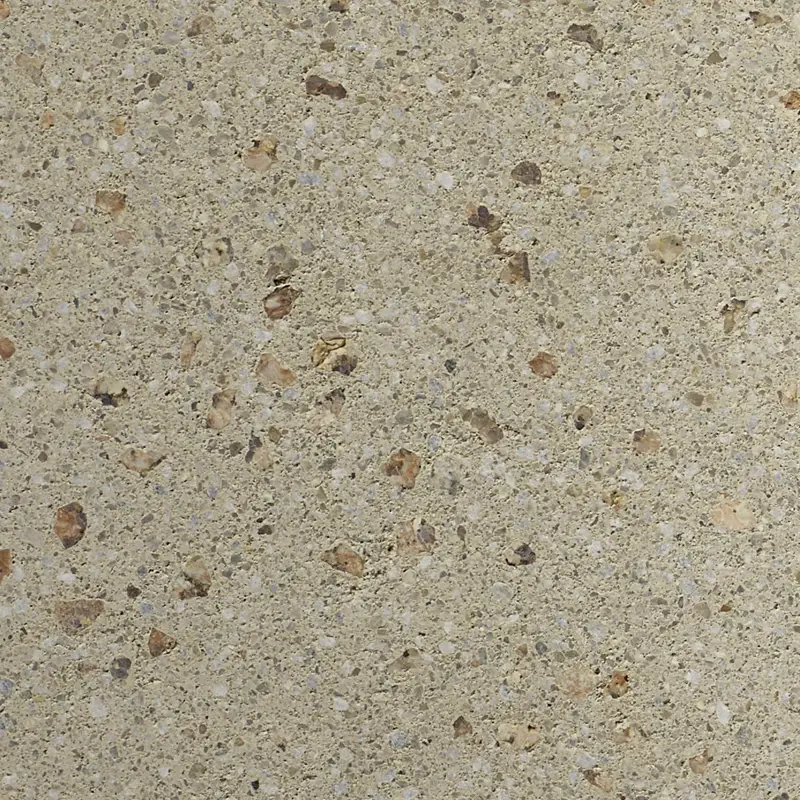 Creazzo Oberfläche in warmer grauer Nuance mit feiner beiger und mittelgrober brauner Körnung in Terrazzo-Optik, Friedl Steinwerke.